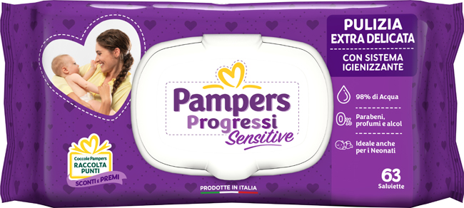 PAMPERS PROGRESSI SALVIETTE SENSITIVE ALOE RICARICA 63 PEZZI - Farmaciapacini.it