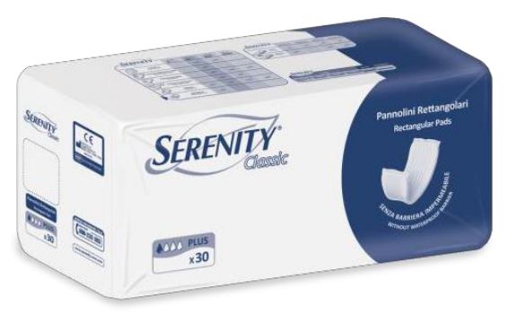 PANNOLONE PER INCONTINENZA FORMATO RETTANGOLARE SENZA BARRIERA SERENITY 30 PEZZI - Farmaciapacini.it