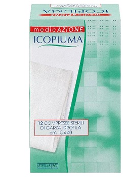 ICOPIUMA GARZA COMPRESSA IDROFILA IN COTONE PIEGATA STERILE SENZA FILO DI BARIO TITOLO 12/8 MISURA 18X40 CM IN BUSTA SINGOLA 12 PEZZI - Farmaciapacini.it