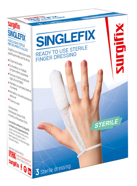 MEDICAZIONE STERILE PER DITO SINGLEFIX, COSTITUITA DA UNA GUAINA IN COTONE E DA UN'IMBOTTITURA INTERNA ASSORBENTE. SI APPLICA DIRETTAMENTE SULLA FERITA E SI FISSA AL POLSO - Farmaciapacini.it