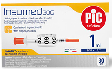 SIRINGA INSULINA PIC INSUMED 1 ML 100 UI AGO GAUGE 30 12,7 MM SENZA SPAZIO MORTO 30 PEZZI - Farmaciapacini.it