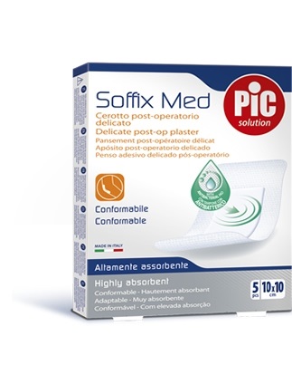 CEROTTO PIC SOFFIX MED IN TNT CON TAMPONE CENTRALE ASSORBENTE STERILE MONOUSO 10X10 CM ANTIBATTERICO 5 PEZZI - Farmaciapacini.it