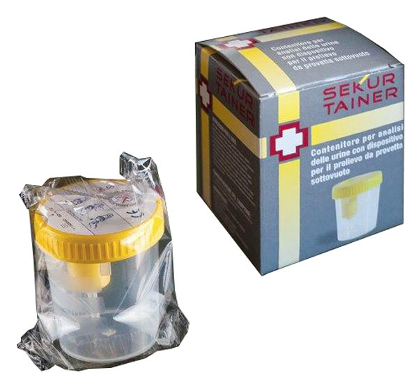 CONTENITORE PER URINA SEKUR TRAINER CON TAPPO A VITE E SONDA PER PRELIEVO DA PROVETTA SOTTOVUOTO 120ML - Farmaciapacini.it