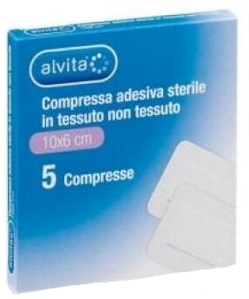 ALVITA GARZA COMPRESSA ADESIVA STERILE IN TESSUTO NON TESSUTO ESTENSIBILE BIANCO 10X6CM 5 PEZZI - Farmaciapacini.it