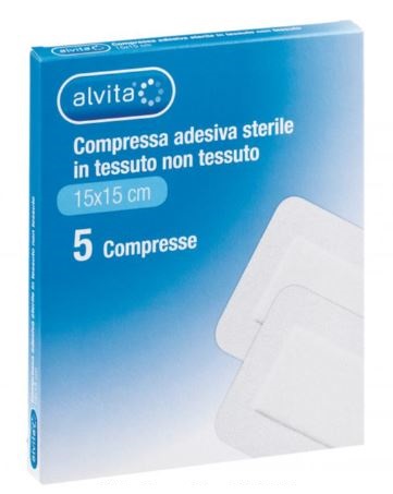ALVITA GARZA COMPRESSA ADESIVA STERILE IN TESSUTO NON TESSUTO ESTENSIBILE BIANCO 15X15CM 5 PEZZI - Farmaciapacini.it