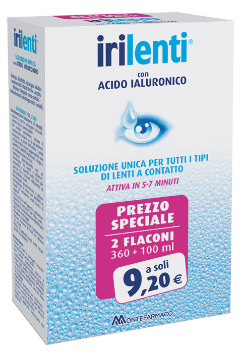SOLUZIONE UNICA PER LENTI A CONTATTO IRILENTI CON ACIDO IALURONICO 2 FLACONI DA 360 ML + 100 ML - Farmaciapacini.it