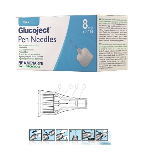 AGO PER PENNA DA INSULINA GLUCOJECT LUNGHEZZA 8 MM GAUGE 31 100 PEZZI - Farmaciapacini.it