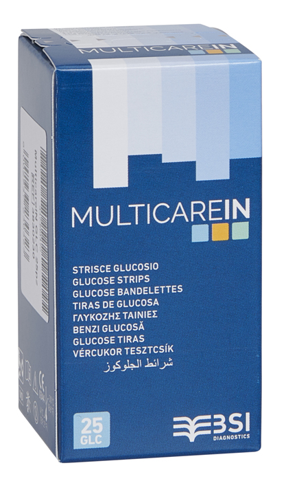 STRISCE MISURAZIONE GLICEMIA MULTICARE IN GLUCOSIO ELETTRODO 25 PEZZI - Farmaciapacini.it