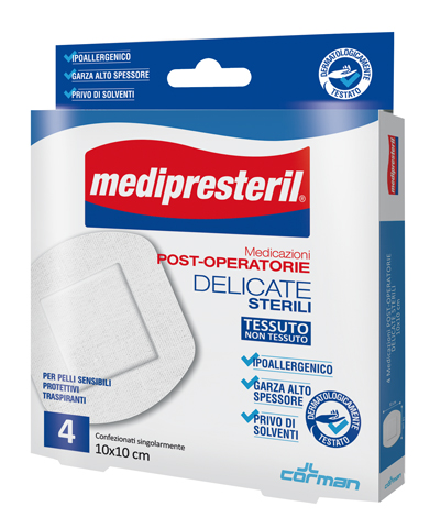 CEROTTO DI MEDICAZIONE STERILE CON SUPPORTO IN TNT MEDIPRESTERIL POSTOPERATORIO DELICATO 10X10 CM 4 PEZZI - Farmaciapacini.it