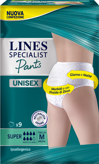 LINES SPECIALIST PANTS SUPER M X 9 PANNOLONE MUTANDINA INDOSSABILE COME NORMALE BIANCHERIA TIPO PULL-ON - Farmaciapacini.it