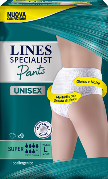 LINES SPECIALIST PANTS SUPER L X 9 PANNOLONE MUTANDINA INDOSSABILE COME NORMALE BIANCHERIA TIPO PULL-ON - Farmaciapacini.it