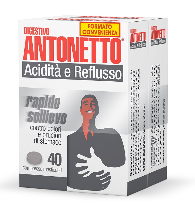 DIGESTIVO ANTONETTO ACIDITA' E REFLUSSO 80 COMPRESSE MASTICABILI 2 ASTUCCI DA 40 COMPRESSE - Farmaciapacini.it