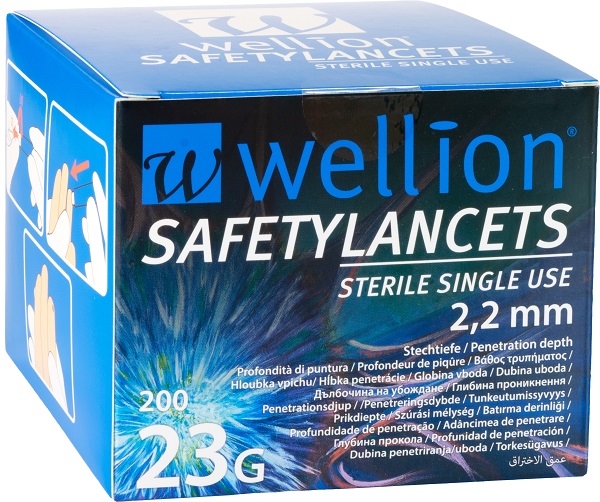 LANCETTE PUNGIDITO WELLION SAFETY LANCETS AGO GAUGE23 LUNGHEZZA 2,2 MM 200 PEZZI - Farmaciapacini.it