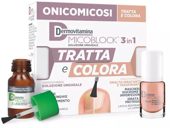 DERMOVITAMINA MICOBLOCK 3 IN 1 TRATTA E COLORA SOLUZIONE UNGUEALE 7 ML + SMALTO IDRATANTE TRASPIRANTE 5 ML - Farmaciapacini.it