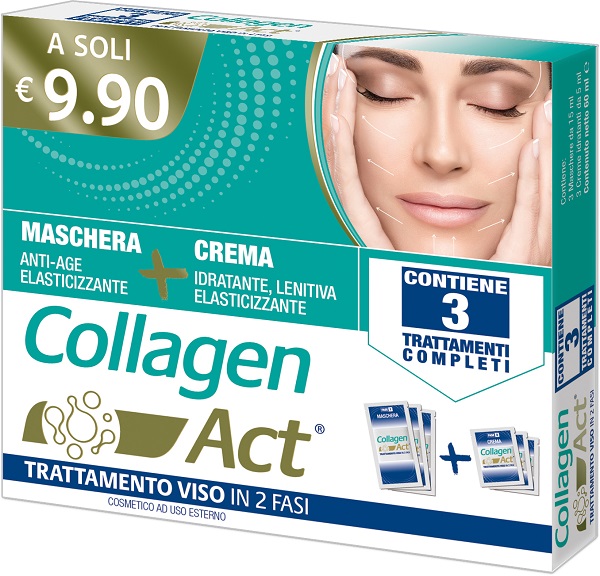 COLLAGEN ACT TRATTAMENTO VISO 2 FASI MASCHERA ANTI AGE ELASTICIZZANTE 3 PEZZI DA 15 ML + CREMA IDRATANTE LENITIVA ELASTICIZZANTE 3 PEZZI DA 5 ML - Farmaciapacini.it