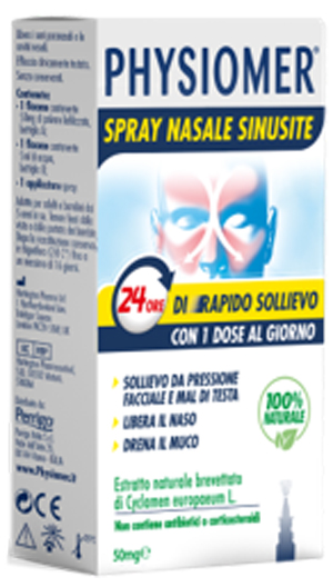 PHYSIOMER SPRAY NASALE SINUSITE 2 PEZZI 1 FLACONE DA 50 MG DI ESTRATTO DI CICLAMINO NATURALE LIOFILIZZATO + 1 FIALE DA 5 ML DI SOLVENTE - Farmaciapacini.it