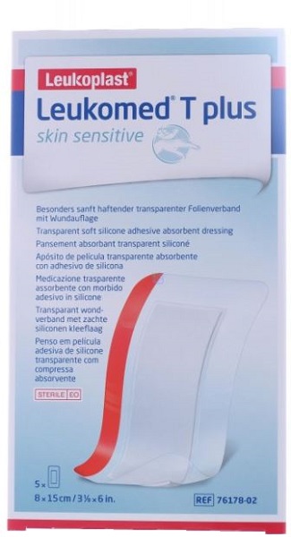 LEUKOMED T PLUS SKIN SENSITIVE MEDICAZIONE POST-OPERATORIA TRASPARENTE IMPERMEABILE CON MASSA ADESIVA AL SILICONE 8X15CM 5 PEZZI - Farmaciapacini.it