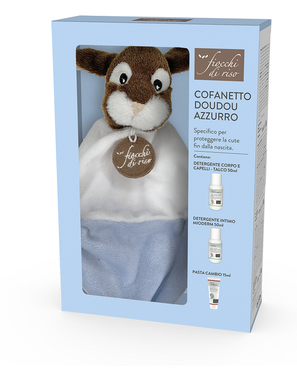 FIOCCHI DI RISO COFANETTO DOUDOU BIMBO AZZURRO MINISIZE PASTA CAMBIO 15 ML + MINISIZE INTIMO MIODERM 50 ML + MINISIZE DETERGENTE CORPO CAPELLI TALCO 50 ML + DOUDOU FIOCCO AZZURRO - Farmaciapacini.it