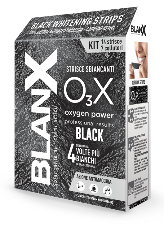 BLANX O3X BLACK STRISCE SBIANCANTI E ANTIMACCHIA 14 PEZZI - Farmaciapacini.it