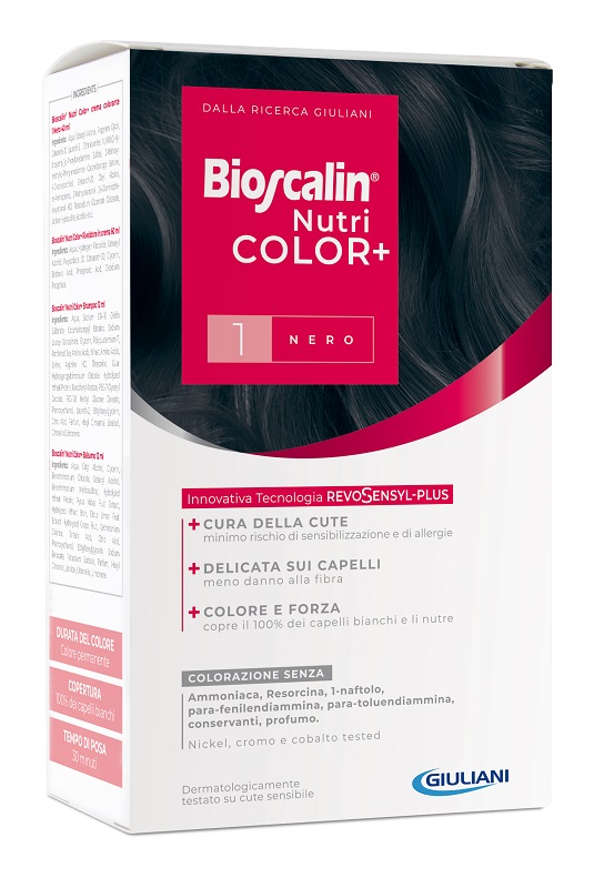 BIOSCALIN NUTRICOLOR PLUS 1 NERO CREMA COLORANTE 40 ML + RIVELATORE CREMA 60 ML + SHAMPOO 12 ML + TRATTAMENTO FINALE BALSAMO 12 ML - Farmaciapacini.it