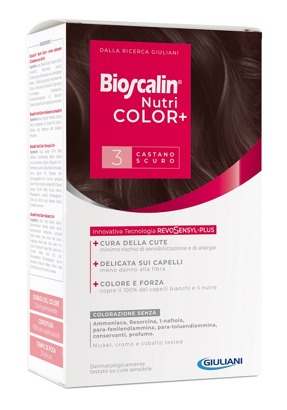 BIOSCALIN NUTRICOLOR PLUS 3 CASTANO SCURO CREMA COLORANTE 40 ML + RIVELATORE CREMA 60 ML + SHAMPOO 12 ML + TRATTAMENTO FINALE BALSAMO 12 ML - Farmaciapacini.it