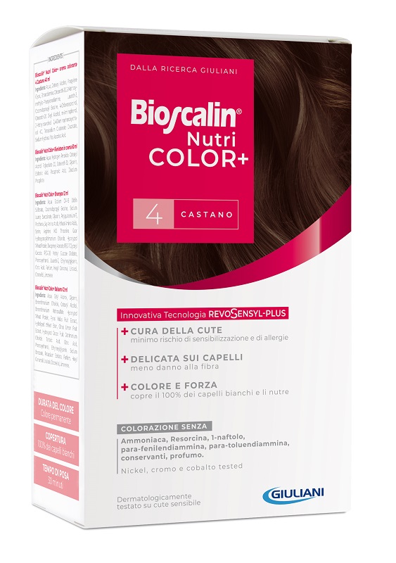 BIOSCALIN NUTRICOLOR PLUS 4 CASTANO CREMA COLORANTE 40 ML + RIVELATORE CREMA 60 ML + SHAMPOO 12 ML + TRATTAMENTO FINALE BALSAMO 12 ML - Farmaciapacini.it