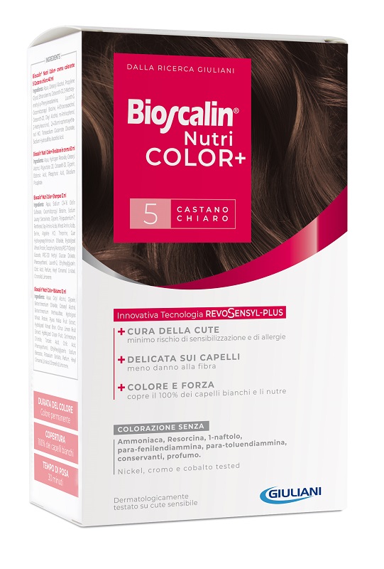 BIOSCALIN NUTRICOLOR PLUS 5 CASTANO CHIARO CREMA COLORANTE 40 ML + RIVELATORE CREMA 60 ML + SHAMPOO 12 ML + TRATTAMENTO FINALE BALSAMO 12 ML - Farmaciapacini.it