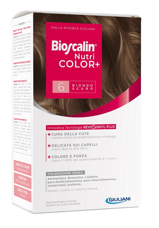 BIOSCALIN NUTRICOLOR PLUS 6 BIONDO SCURO CREMA COLORANTE 40 ML + RIVELATORE CREMA 60 ML + SHAMPOO 12 ML + TRATTAMENTO FINALE BALSAMO 12 ML - Farmaciapacini.it