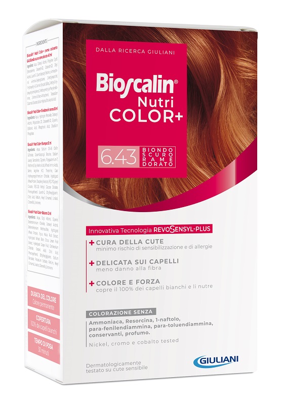 BIOSCALIN NUTRICOLOR PLUS 6,43 BIONDO SCURO RAME DORATO CREMA COLORANTE 40 ML + RIVELATORE CREMA 60 ML + SHAMPOO 12 ML + TRATTAMENTO FINALE BALSAMO 12 ML - Farmaciapacini.it