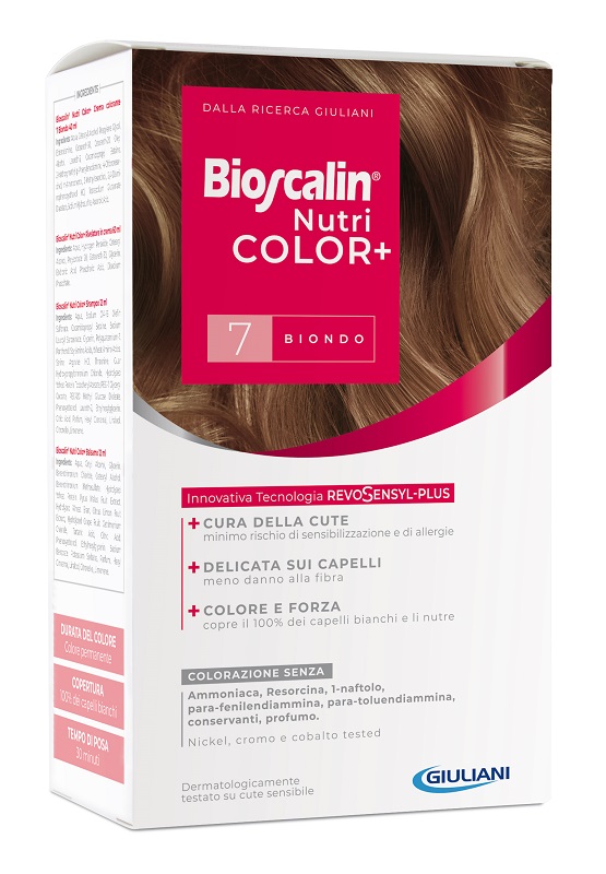 BIOSCALIN NUTRICOLOR PLUS 7 BIONDO CREMA COLORANTE 40 ML + RIVELATORE CREMA 60 ML + SHAMPOO 12 ML + TRATTAMENTO FINALE BALSAMO 12 ML - Farmaciapacini.it