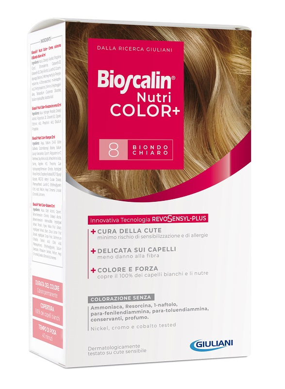 BIOSCALIN NUTRICOLOR PLUS 8 BIONDO CHIARO CREMA COLORANTE 40 ML + RIVELATORE CREMA 60 ML + SHAMPOO 12 ML + TRATTAMENTO FINALE BALSAMO 12 ML - Farmaciapacini.it