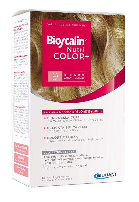 BIOSCALIN NUTRICOLOR PLUS 9 BIONDO CHIARISSIMO CREMA COLORANTE 40 ML + RIVELATORE CREMA 60 ML + SHAMPOO 12 ML + TRATTAMENTO FINALE BALSAMO 12 ML - Farmaciapacini.it