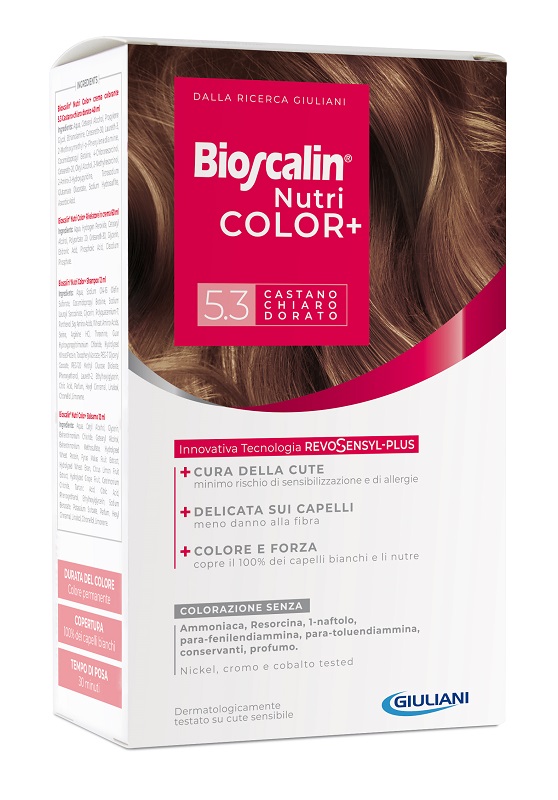 BIOSCALIN NUTRICOLOR PLUS 5,3 CASTANO CHIARO DORATO CREMA COLORANTE 40 ML + RIVELATORE CREMA 60 ML + SHAMPOO 12 ML + TRATTAMENTO FINALE BALSAMO 12 ML - Farmaciapacini.it