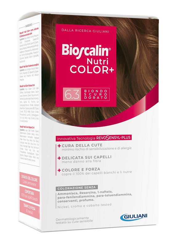 BIOSCALIN NUTRICOLOR PLUS 6,3 BIONDO SCURO DORATO CREMA COLORANTE 40 ML + RIVELATORE CREMA 60 ML + SHAMPOO 12 ML + TRATTAMENTO FINALE BALSAMO 12 ML - Farmaciapacini.it