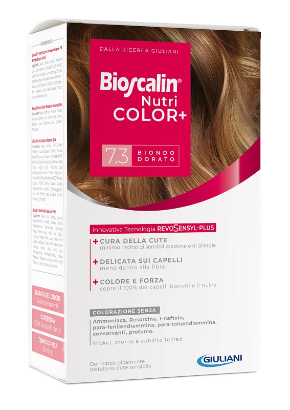 BIOSCALIN NUTRICOLOR PLUS 7,3 BIONDO DORATO CREMA COLORANTE 40 ML + RIVELATORE CREMA 60 ML + SHAMPOO 12 ML + TRATTAMENTO FINALE BALSAMO 12 ML - Farmaciapacini.it
