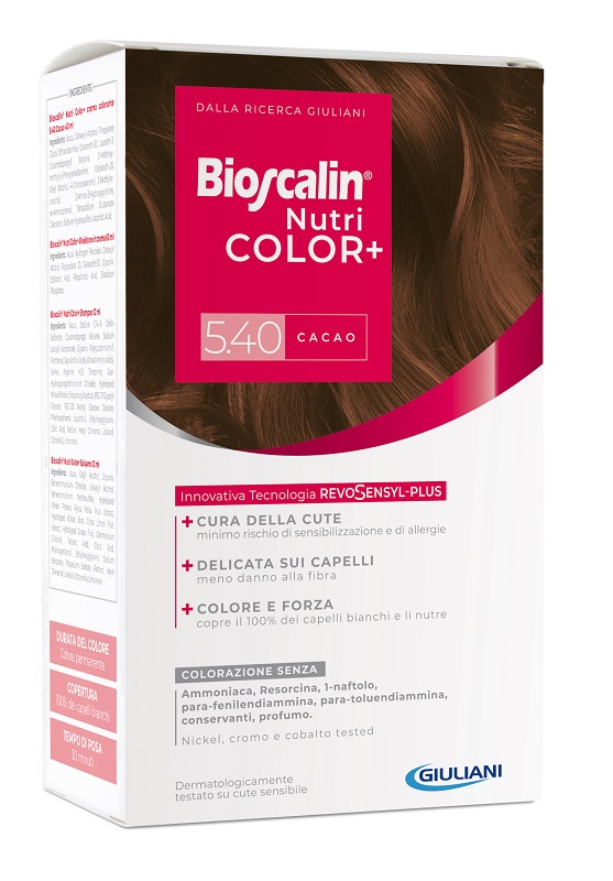 BIOSCALIN NUTRICOLOR PLUS 5,40 CACAO CREMA COLORANTE 40 ML + RIVELATORE CREMA 60 ML + SHAMPOO 12 ML + TRATTAMENTO FINALE BALSAMO 12 ML - Farmaciapacini.it