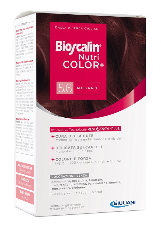 BIOSCALIN NUTRICOLOR PLUS 5,6 MOGANO CREMA COLORANTE 40 ML + RIVELATORE CREMA 60 ML + SHAMPOO 12 ML + TRATTAMENTO FINALE BALSAMO 12 ML - Farmaciapacini.it