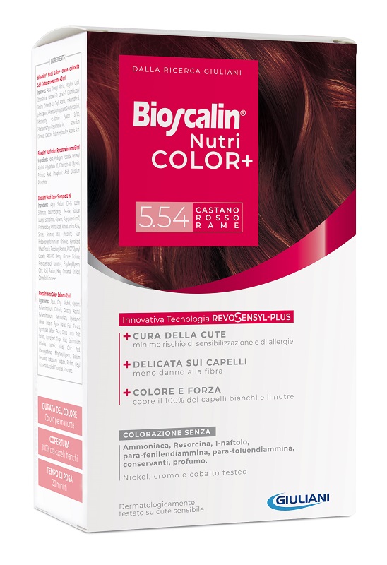 BIOSCALIN NUTRICOLOR PLUS 5,54 CASTANO ROSSO RAME CREMA COLORANTE 40 ML + RIVELATORE CREMA 60 ML + SHAMPOO 12 ML + TRATTAMENTO FINALE BALSAMO 12 ML - Farmaciapacini.it