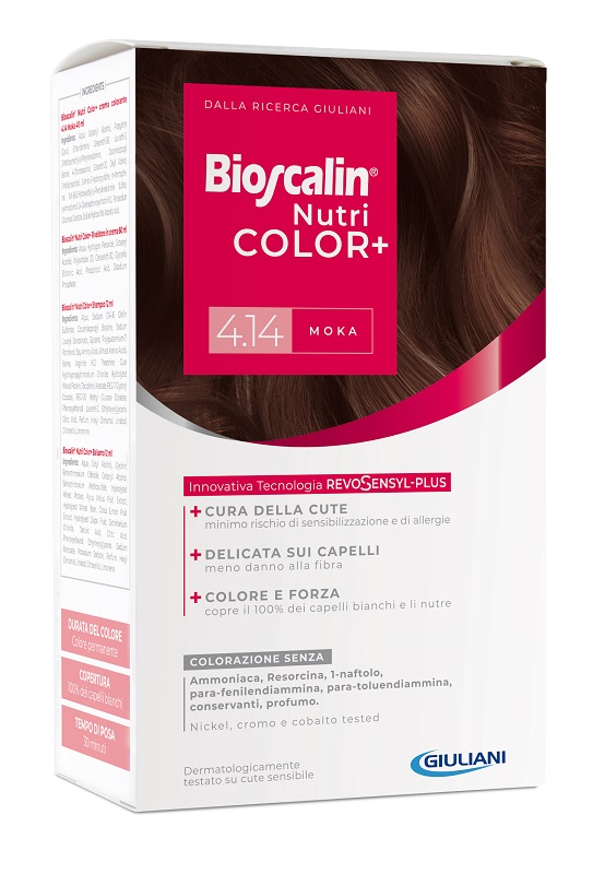 BIOSCALIN NUTRICOLOR PLUS 4,14 MOKA CREMA COLORANTE 40 ML + RIVELATORE CREMA 60 ML + SHAMPOO 12 ML + TRATTAMENTO FINALE BALSAMO 12 ML - Farmaciapacini.it