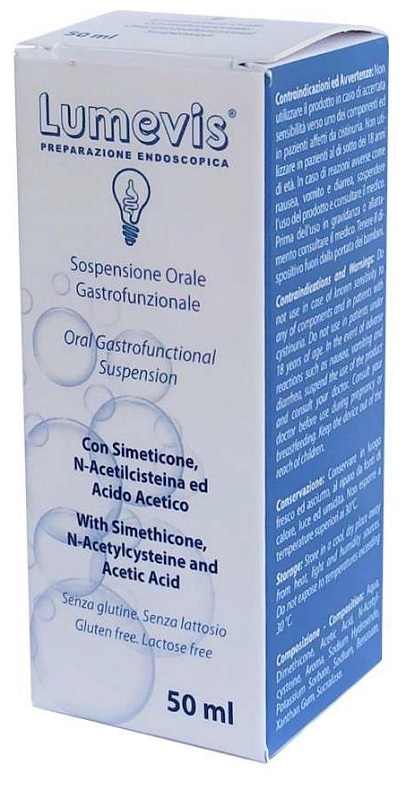 LUMEVIS SOSPENSIONE ORALE MONOUSO A BASE DI SIMETICONE N-ACETILCISTEINA E ACIDO ACETICO DA UTILIZZARE IN PREPARAZIONE DI ESAMI CLINICI AMBITO GASTROSCOPICO 50 ML - Farmaciapacini.it