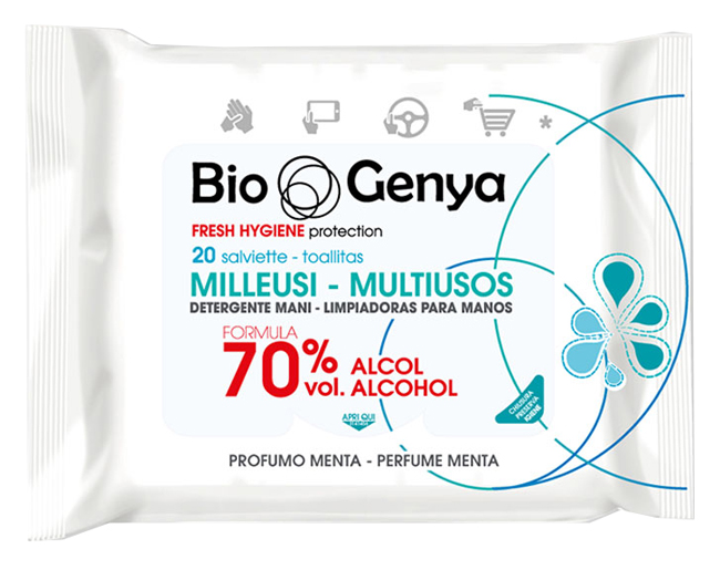 BIOGENYA MILLEUSI IGIENIZZANTI 70% ALCOOL SALVIETTE 20 PEZZI - Farmaciapacini.it