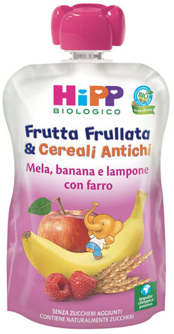 HIPP BIO FRUTTA FRULLATA&CEREALI ANTICHI MELA BANANA LAMPONE FARRO 90 G - Farmaciapacini.it