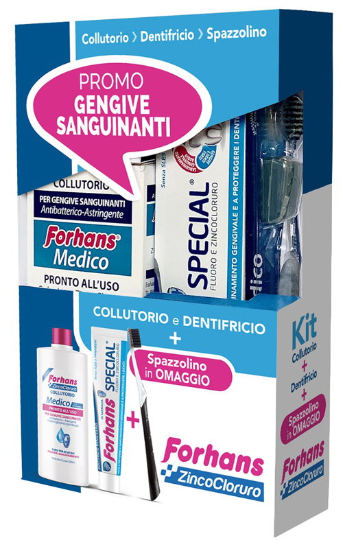 FORHANS KIT GENGIVE SANGUINANTI 1 FORHANS COLLUTORIO MEDICO 250 ML + 1 FORHANS DENTIFRICIO SPECIAL 75 ML + 1 FORHANS SPAZZOLINO MEDICO IN OMAGGIO - Farmaciapacini.it