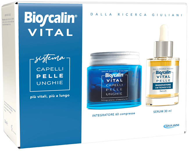 BIOSCALIN VITAL SISTEMA CAPELLI PELLE & UNGHIE BIOSCALIN CAPELLI PELLE & UNGHIE 60 COMPRESSE + SIERO RIGENERANTE VISO 30 ML - Farmaciapacini.it